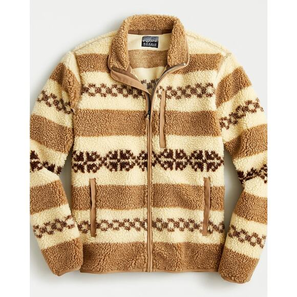 J.Crew Nordic Faux Sherpa Fleece Fair Isle Jacket in Cream & Tan - S - Picture 1 of 8